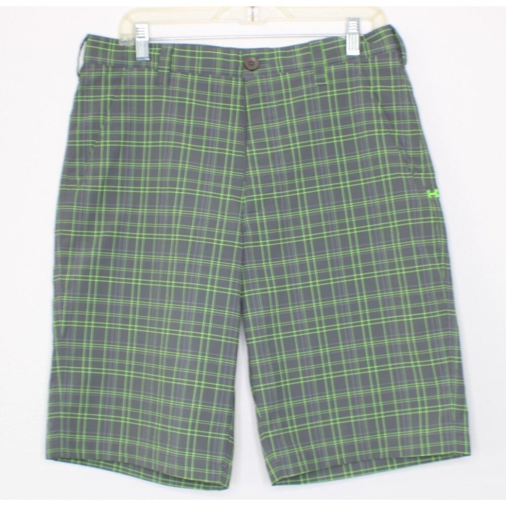 Under Armour Mens Shorts Size 32 Golf Gray Green Plaid Active Wear Pockets